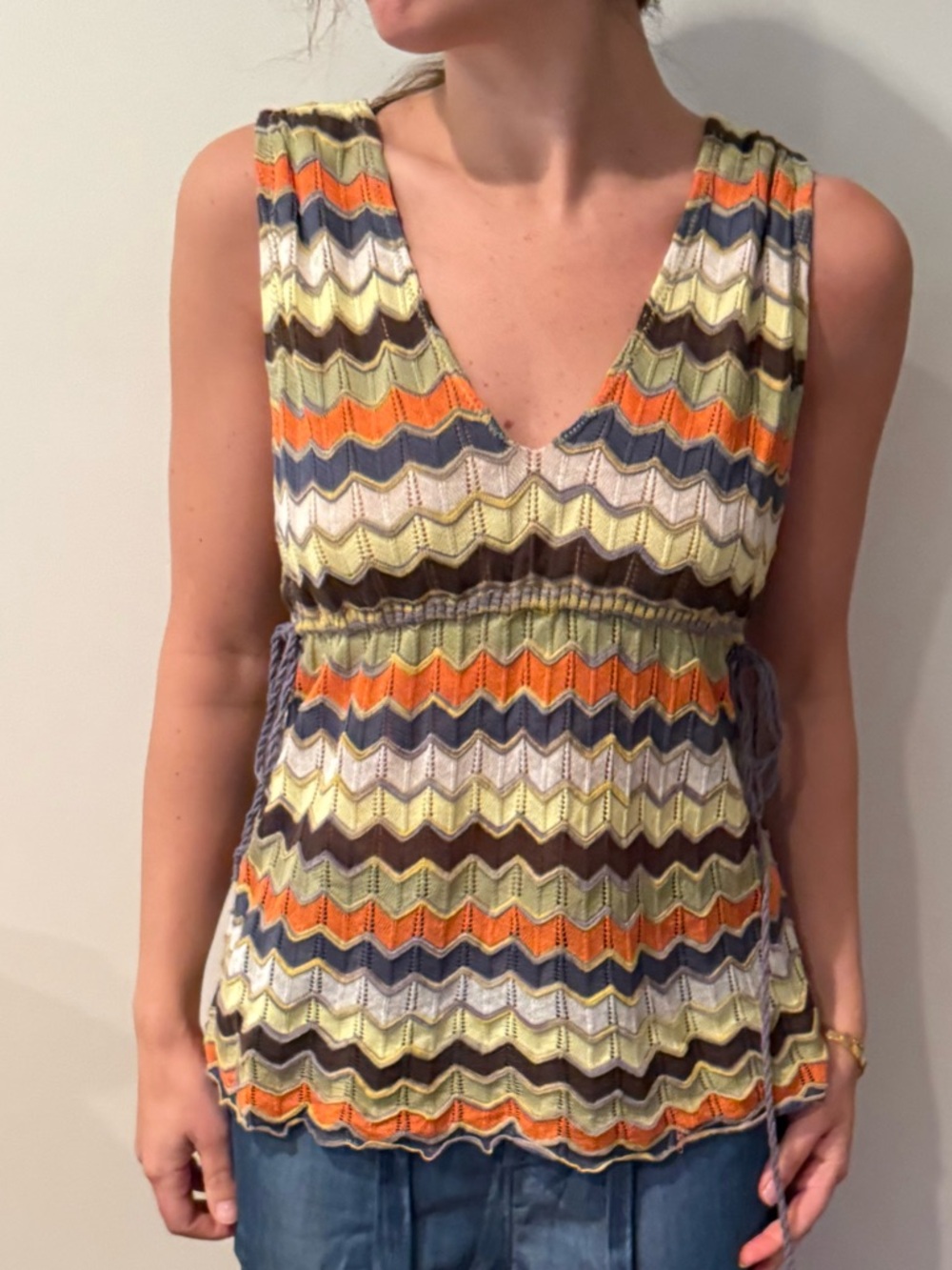 Missoni Zigzag V-Neck Knit Tank in Orange, Blue, Green & Brown
